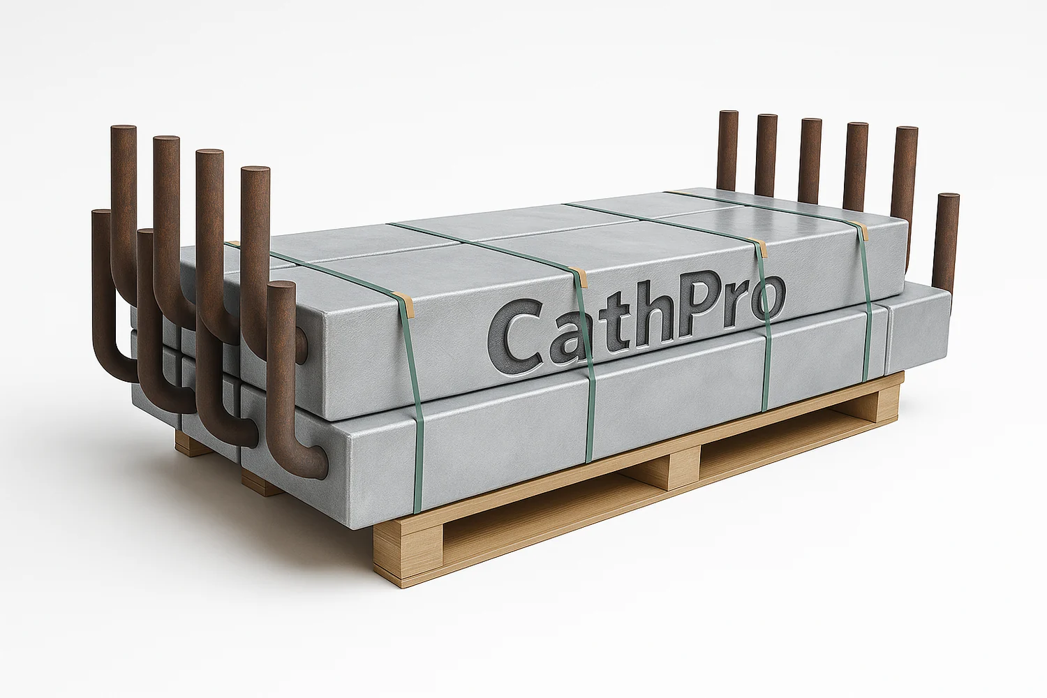 Palletized custom cast aluminum sacrificial anodes with cast-in steel cores