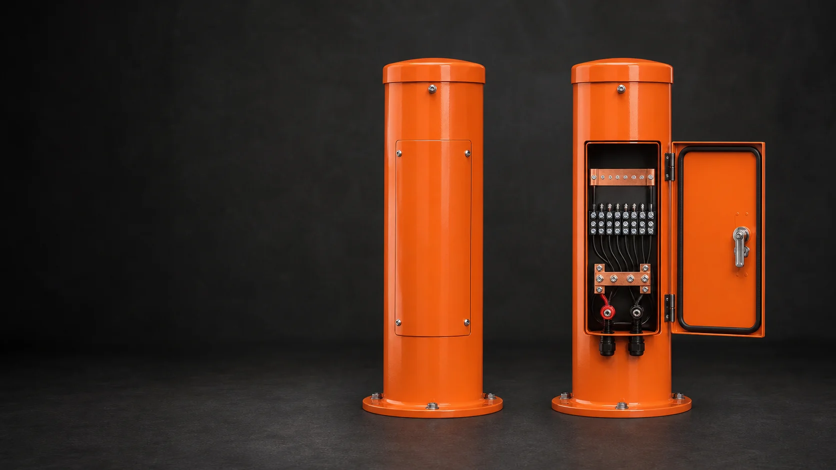 Two orange cathodic protection test station posts, one open to show organized terminals and wiring