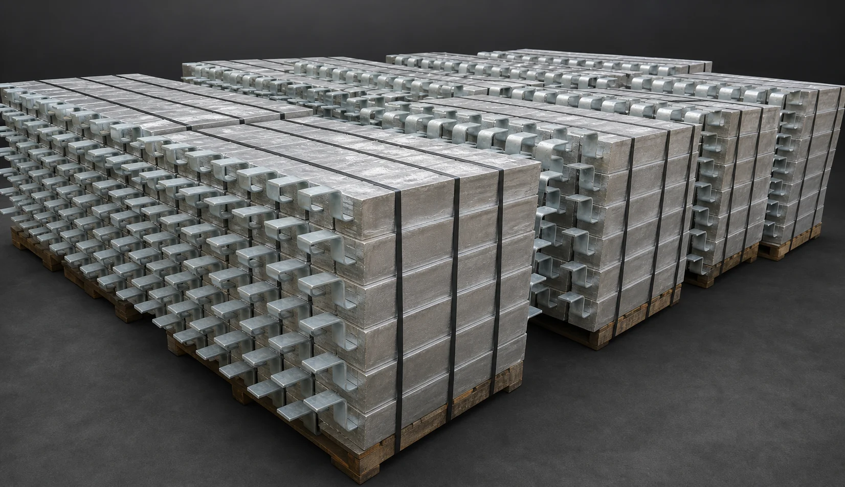 Premium product visualization of organized cast sacrificial anodes on export pallets
