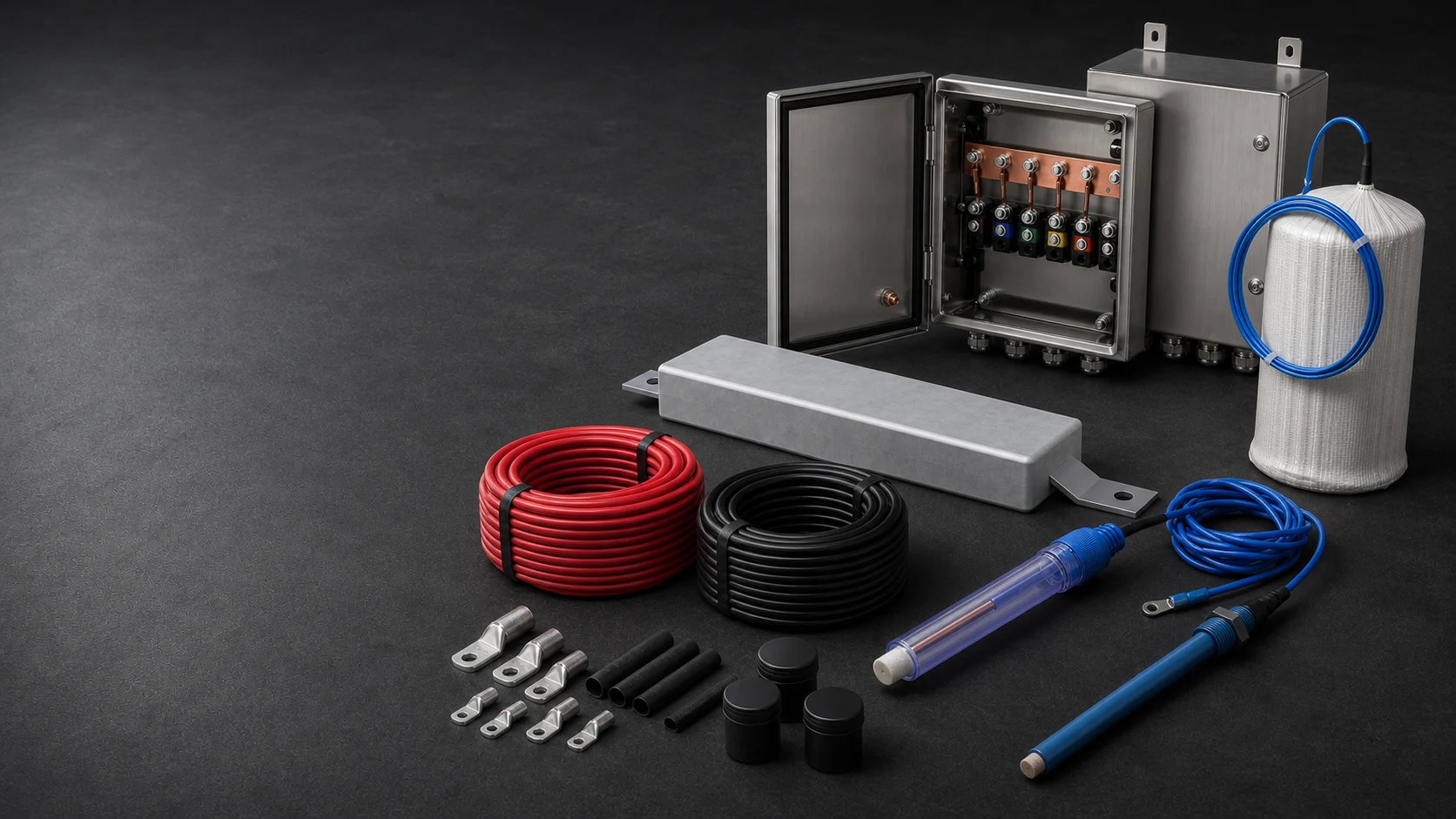 Integrated cathodic protection materials package with anodes, station, cables and reference electrodes