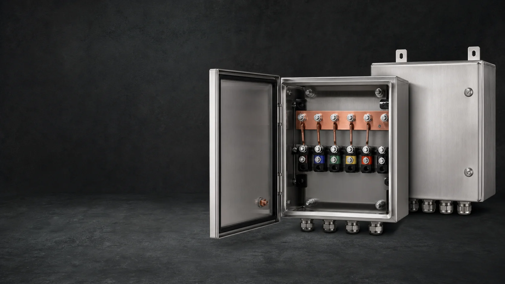 Open stainless steel junction box with copper busbar, terminals and cable glands