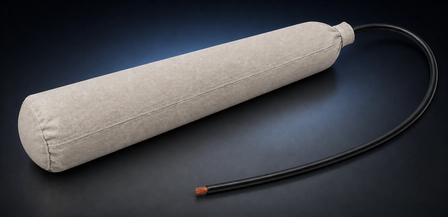 Premium studio product view of a complete prepackaged magnesium anode with cable lead