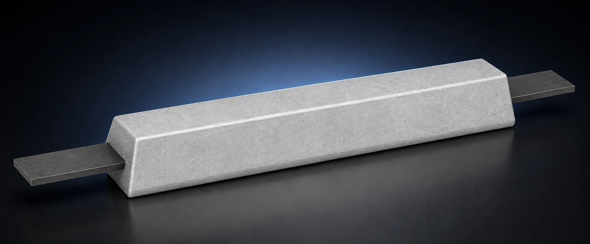 Trapezoidal magnesium sacrificial anode with projecting flat steel mounting straps