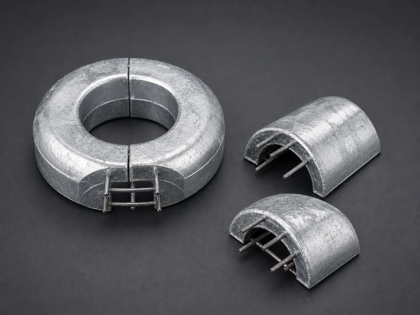 Studio view of assembled and separated zinc bracelet anode segments