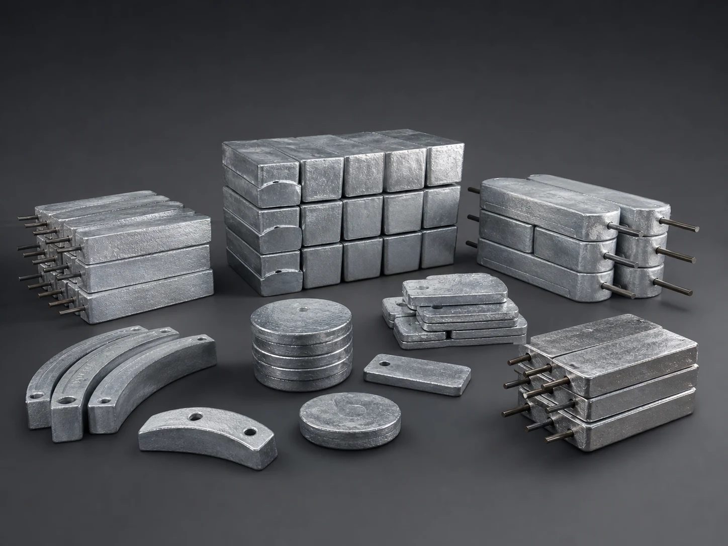 Finished cast zinc sacrificial anodes with steel mounting inserts packed by production lot