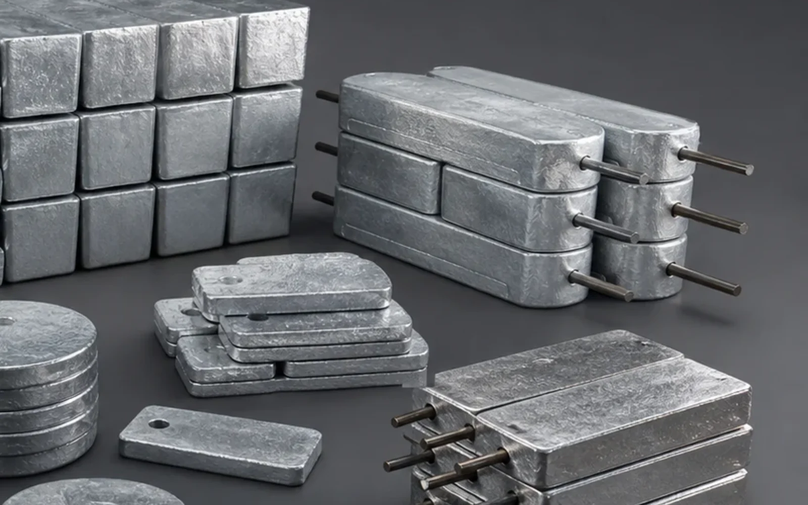 Close studio product study of cast zinc bodies and projecting steel inserts